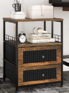 Nightstand Set of 2, Bedside Table with Fabric Drawers and Open Wood Shelf Storage